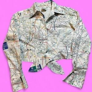 Vintage Finley Paris map Y2K style crop tie top blouse size small